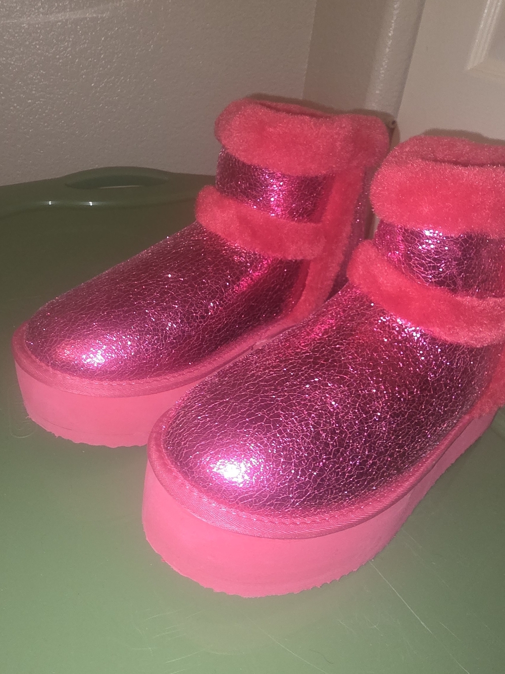 Fashion Nova Hot Pink Metallic Platform Faux Fur Ankle Boots